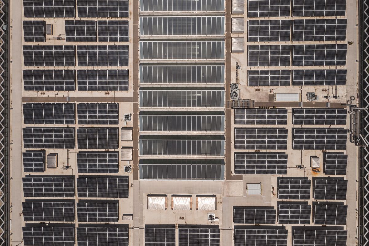 Vue aérienne verticale de champs de panneaux photovoltaïques sur toiture